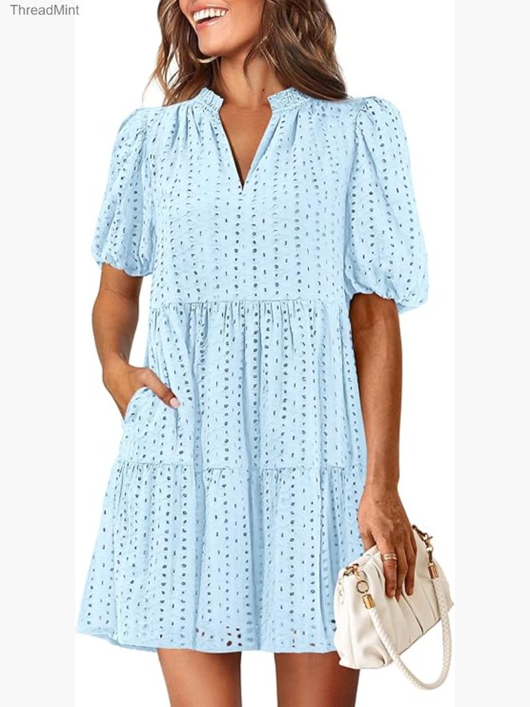 Mini Eyelet Lace Shift Dress With Pockets, V-Neck, Tiered Summer Casual